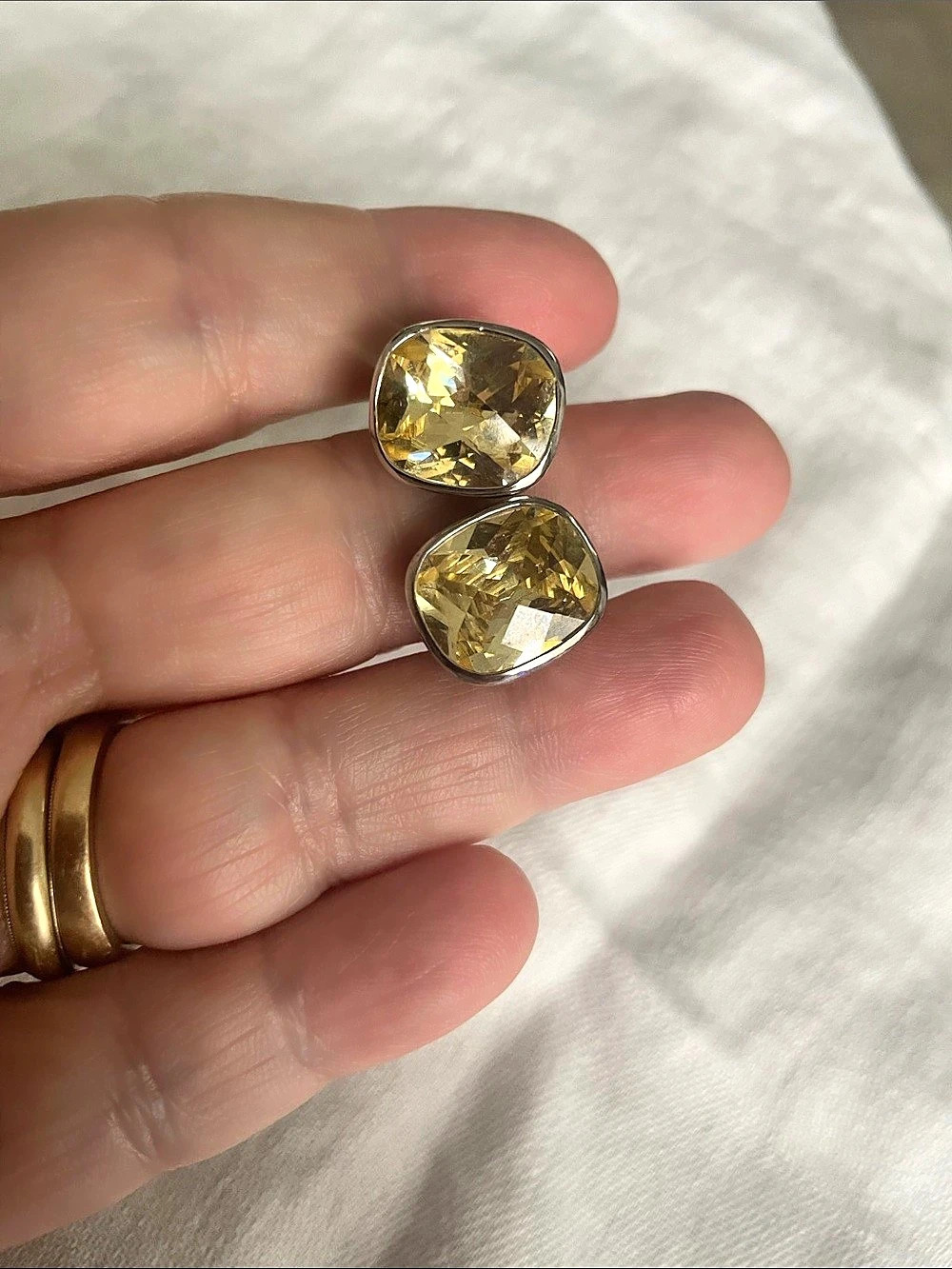 FAS Vintage Sterling Silver 925 Cushion Cut Lemon Quartz Citrine Stud Earrings